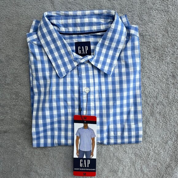 NEW Gap Men's M Short Sleeve Poplin Button up Shirt Blue & White Checkered - Picture 2 of 7